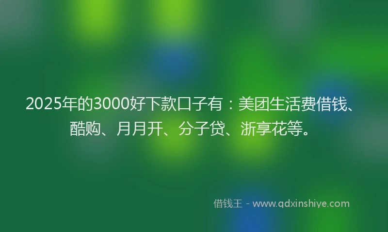 2025年的3000好下款口子有：美团生活费借钱、酷购、月月开、分子贷、浙享花等。