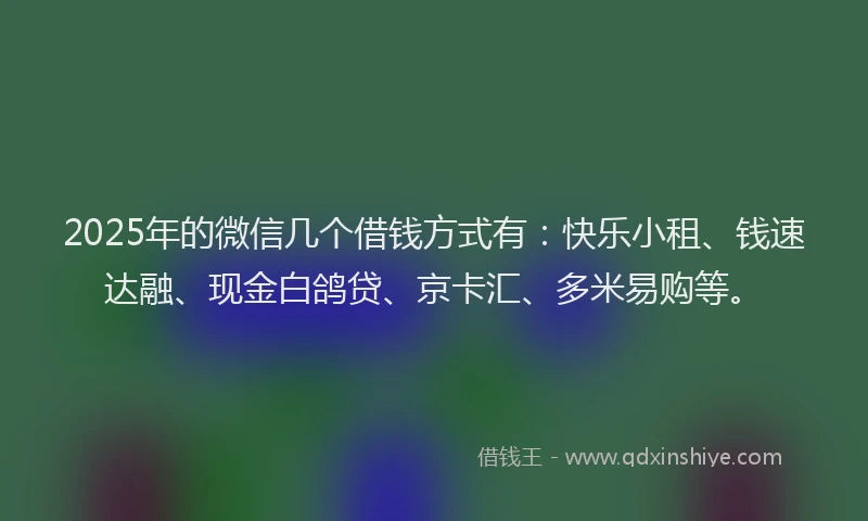 2025年的微信几个借钱方式有：快乐小租、钱速达融、现金白鸽贷、京卡汇、多米易购等。