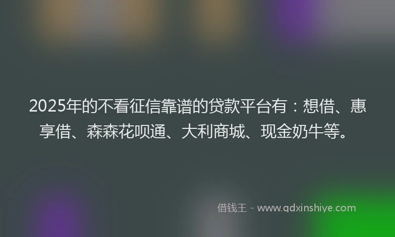 2025年的不看征信靠谱的贷款平台有：想借、惠享借、森森花呗通、大利商城、现金奶牛等。