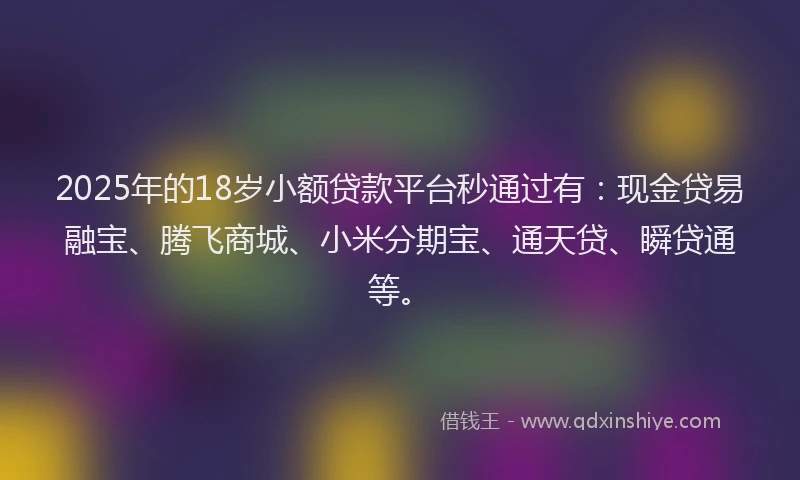 2025年的18岁小额贷款平台秒通过有：现金贷易融宝、腾飞商城、小米分期宝、通天贷、瞬贷通等。