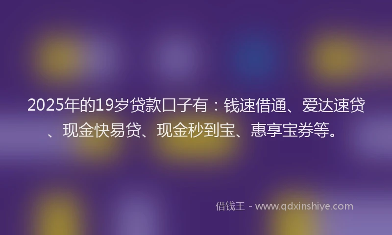 2025年的19岁贷款口子有：钱速借通、爱达速贷、现金快易贷、现金秒到宝、惠享宝券等。