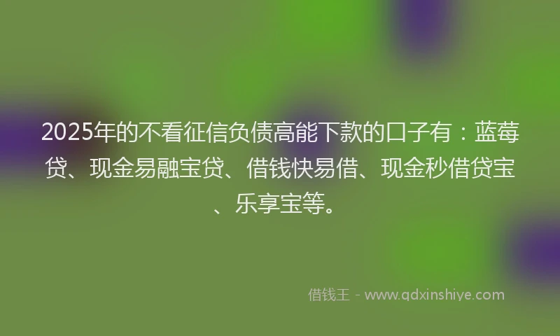 2025年的不看征信负债高能下款的口子有：蓝莓贷、现金易融宝贷、借钱快易借、现金秒借贷宝、乐享宝等。