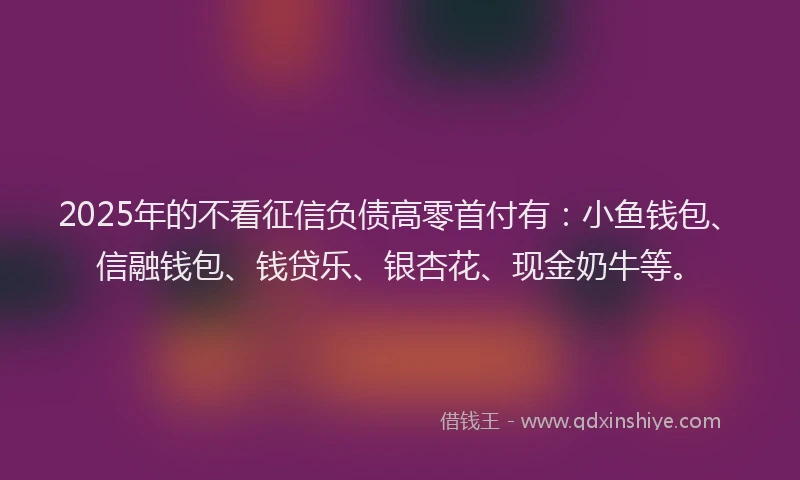 2025年的不看征信负债高零首付有：小鱼钱包、信融钱包、钱贷乐、银杏花、现金奶牛等。