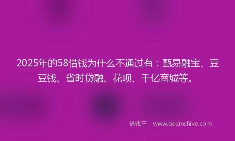 2025年的58借钱为什么不通过有：甄易融宝、豆豆钱、省时贷融、花呗、千亿商城等。