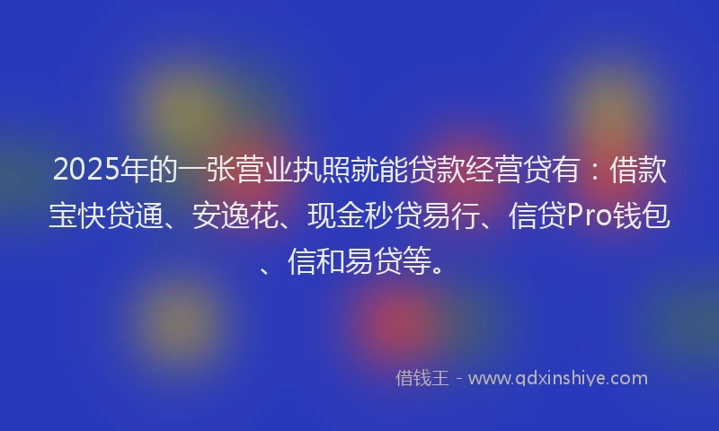 2025年的一张营业执照就能贷款经营贷有：借款宝快贷通、安逸花、现金秒贷易行、信贷Pro钱包、信和易贷等。