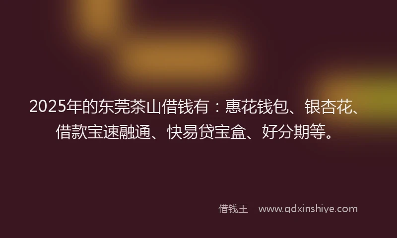 2025年的东莞茶山借钱有：惠花钱包、银杏花、借款宝速融通、快易贷宝盒、好分期等。