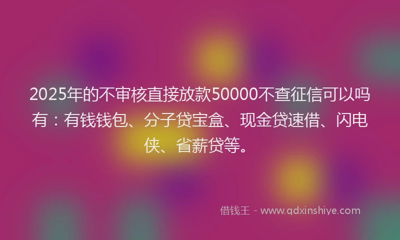 2025年的不审核直接放款50000不查征信可以吗有：有钱钱包、分子贷宝盒、现金贷速借、闪电侠、省薪贷等。