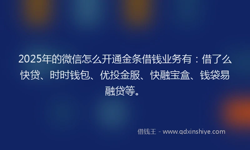 2025年的微信怎么开通金条借钱业务有：借了么快贷、时时钱包、优投金服、快融宝盒、钱袋易融贷等。