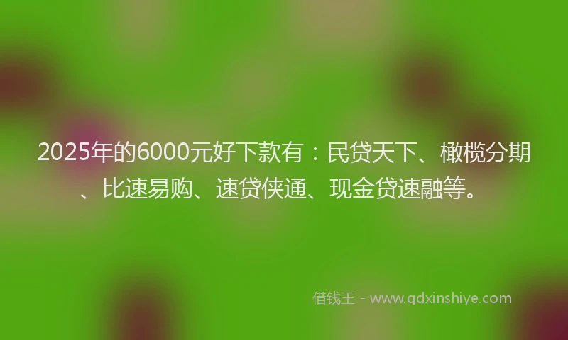 2025年的6000元好下款有：民贷天下、橄榄分期、比速易购、速贷侠通、现金贷速融等。