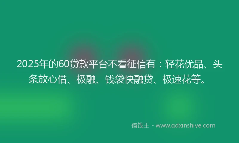 2025年的60贷款平台不看征信有：轻花优品、头条放心借、极融、钱袋快融贷、极速花等。