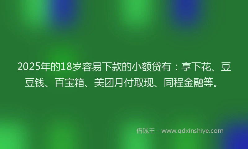 2025年的18岁容易下款的小额贷有：享下花、豆豆钱、百宝箱、美团月付取现、同程金融等。