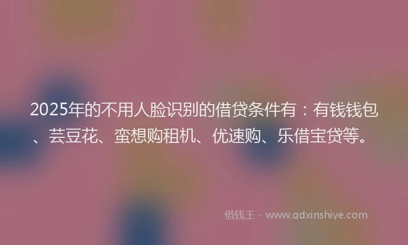 2025年的不用人脸识别的借贷条件有：有钱钱包、芸豆花、蛮想购租机、优速购、乐借宝贷等。