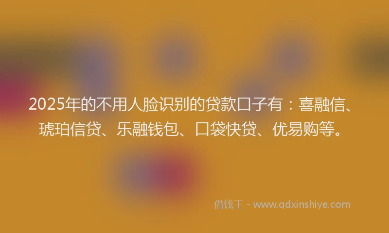 2025年的不用人脸识别的贷款口子有：喜融信、琥珀信贷、乐融钱包、口袋快贷、优易购等。