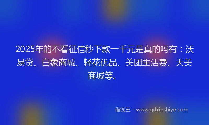 2025年的不看征信秒下款一千元是真的吗有：沃易贷、白象商城、轻花优品、美团生活费、天美商城等。