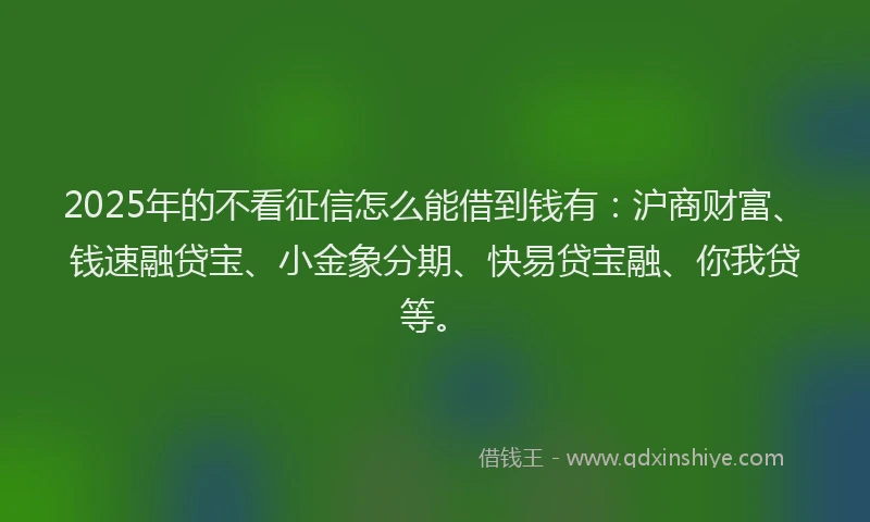 2025年的不看征信怎么能借到钱有：沪商财富、钱速融贷宝、小金象分期、快易贷宝融、你我贷等。