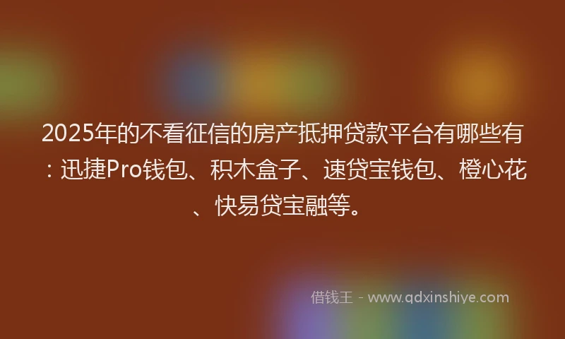 2025年的不看征信的房产抵押贷款平台有哪些有：迅捷Pro钱包、积木盒子、速贷宝钱包、橙心花、快易贷宝融等。