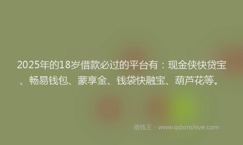 2025年的18岁借款必过的平台有：现金侠快贷宝、畅易钱包、蒙享金、钱袋快融宝、葫芦花等。