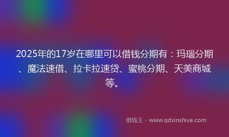 2025年的17岁在哪里可以借钱分期有：玛瑙分期、魔法速借、拉卡拉速贷、蜜桃分期、天美商城等。