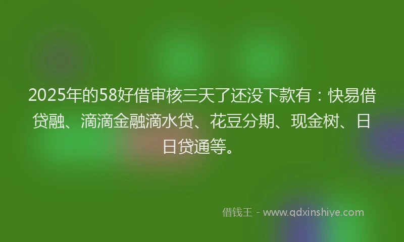 2025年的58好借审核三天了还没下款有：快易借贷融、滴滴金融滴水贷、花豆分期、现金树、日日贷通等。