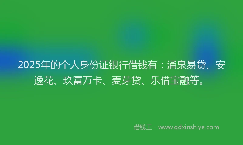 2025年的个人身份证银行借钱有：涌泉易贷、安逸花、玖富万卡、麦芽贷、乐借宝融等。