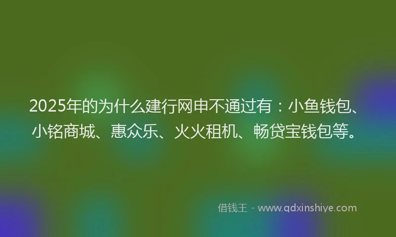 2025年的为什么建行网申不通过有：小鱼钱包、小铭商城、惠众乐、火火租机、畅贷宝钱包等。