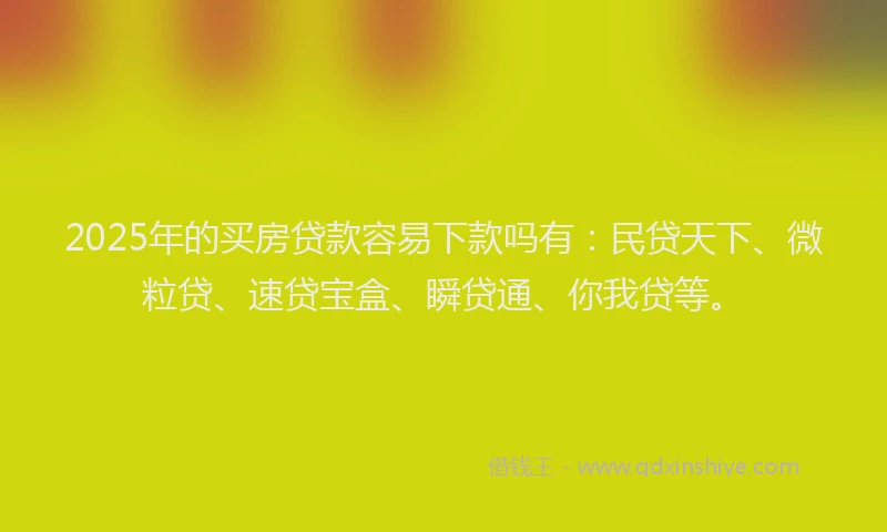 2025年的买房贷款容易下款吗有：民贷天下、微粒贷、速贷宝盒、瞬贷通、你我贷等。