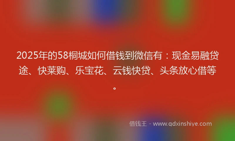 2025年的58桐城如何借钱到微信有：现金易融贷途、快莱购、乐宝花、云钱快贷、头条放心借等。