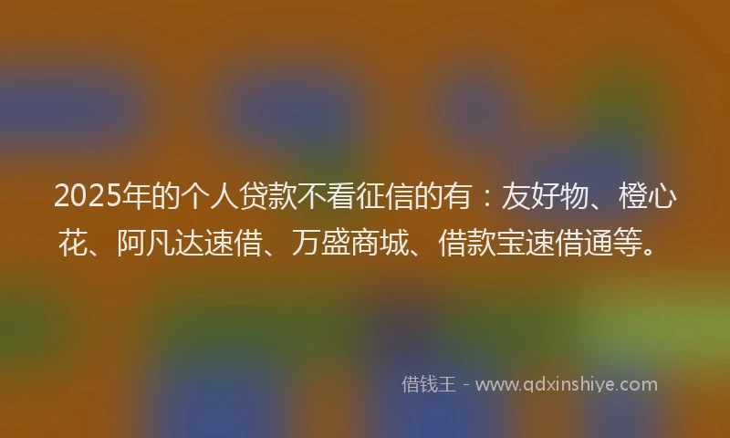 2025年的个人贷款不看征信的有：友好物、橙心花、阿凡达速借、万盛商城、借款宝速借通等。