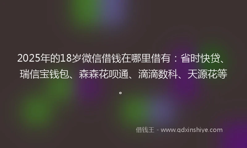 2025年的18岁微信借钱在哪里借有：省时快贷、瑞信宝钱包、森森花呗通、滴滴数科、天源花等。