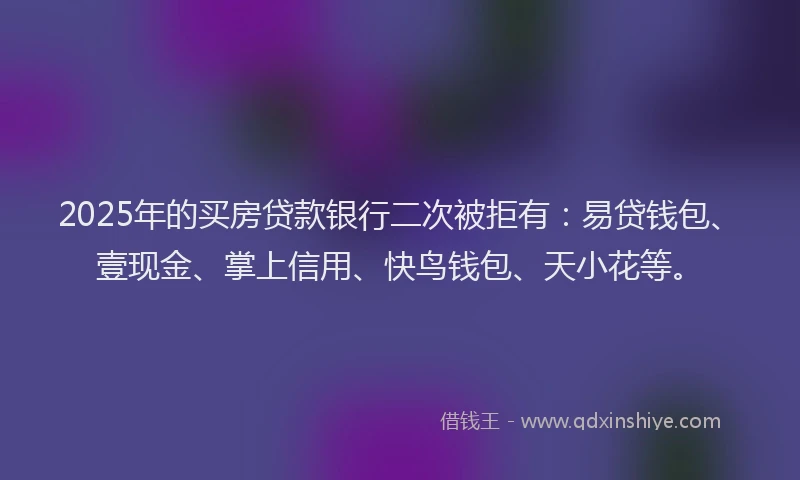 2025年的买房贷款银行二次被拒有：易贷钱包、壹现金、掌上信用、快鸟钱包、天小花等。