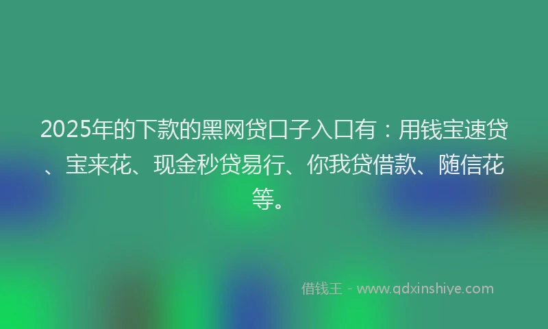 2025年的下款的黑网贷口子入口有：用钱宝速贷、宝来花、现金秒贷易行、你我贷借款、随信花等。