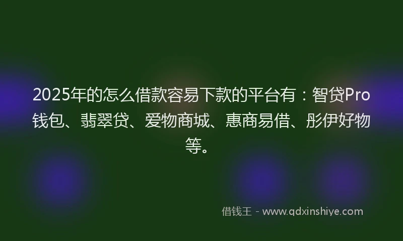 2025年的怎么借款容易下款的平台有：智贷Pro钱包、翡翠贷、爱物商城、惠商易借、彤伊好物等。