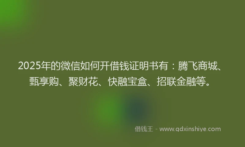 2025年的微信如何开借钱证明书有：腾飞商城、甄享购、聚财花、快融宝盒、招联金融等。