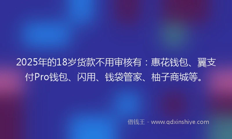 2025年的18岁货款不用审核有：惠花钱包、翼支付Pro钱包、闪用、钱袋管家、柚子商城等。