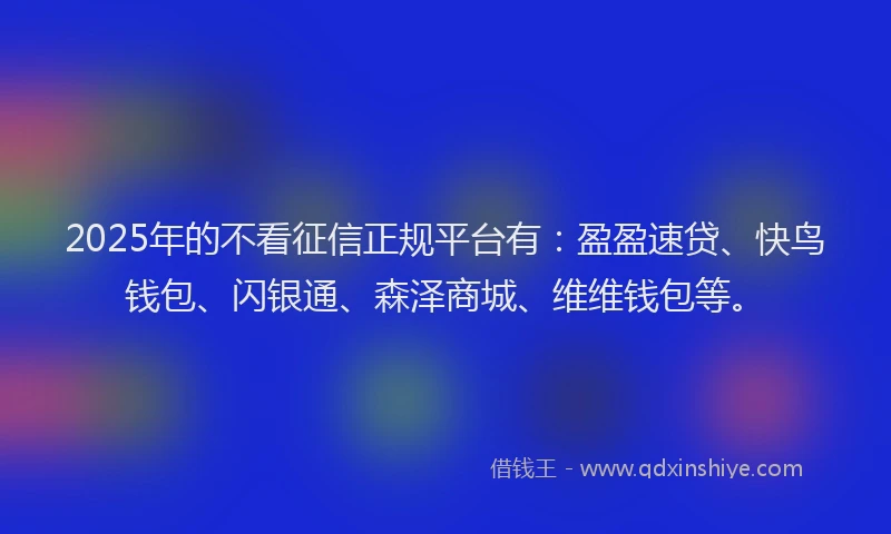 2025年的不看征信正规平台有：盈盈速贷、快鸟钱包、闪银通、森泽商城、维维钱包等。