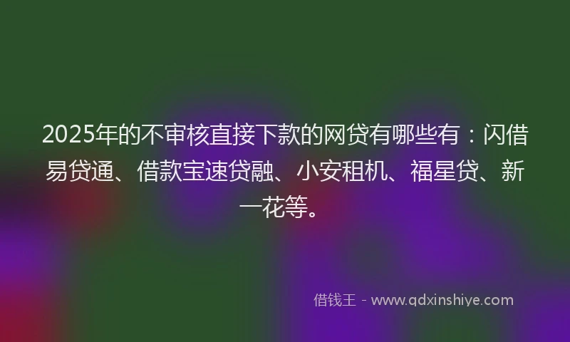 2025年的不审核直接下款的网贷有哪些有：闪借易贷通、借款宝速贷融、小安租机、福星贷、新一花等。
