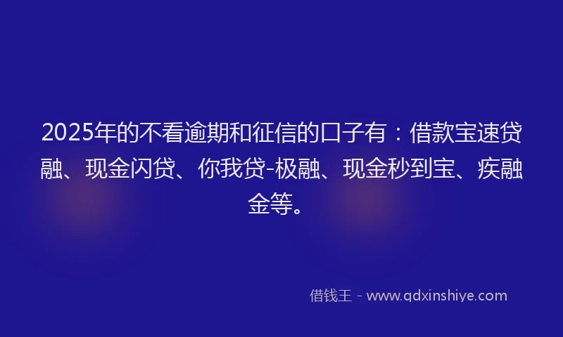 2025年的不看逾期和征信的口子有：借款宝速贷融、现金闪贷、你我贷-极融、现金秒到宝、疾融金等。
