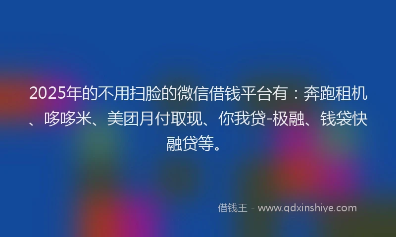 2025年的不用扫脸的微信借钱平台有：奔跑租机、哆哆米、美团月付取现、你我贷-极融、钱袋快融贷等。