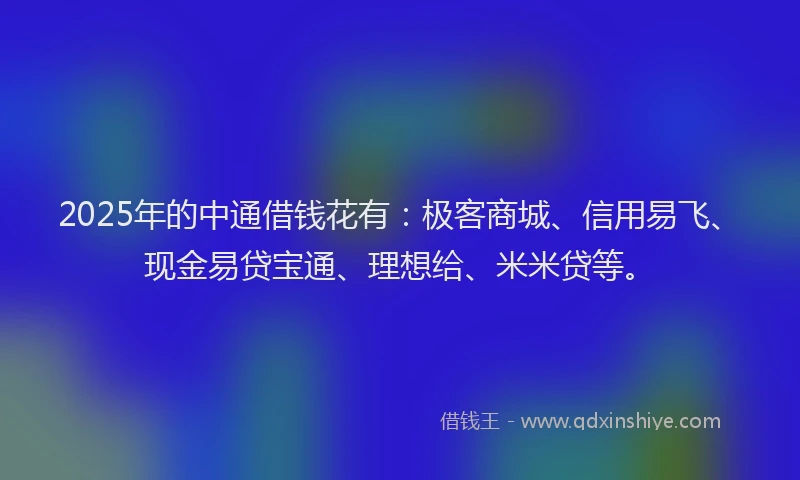 2025年的中通借钱花有：极客商城、信用易飞、现金易贷宝通、理想给、米米贷等。