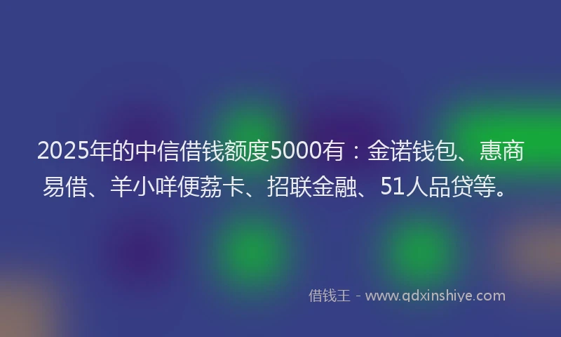 2025年的中信借钱额度5000有：金诺钱包、惠商易借、羊小咩便荔卡、招联金融、51人品贷等。