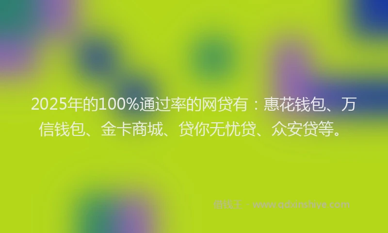 2025年的100%通过率的网贷有：惠花钱包、万信钱包、金卡商城、贷你无忧贷、众安贷等。