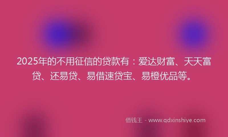 2025年的不用征信的贷款有：爱达财富、天天富贷、还易贷、易借速贷宝、易橙优品等。