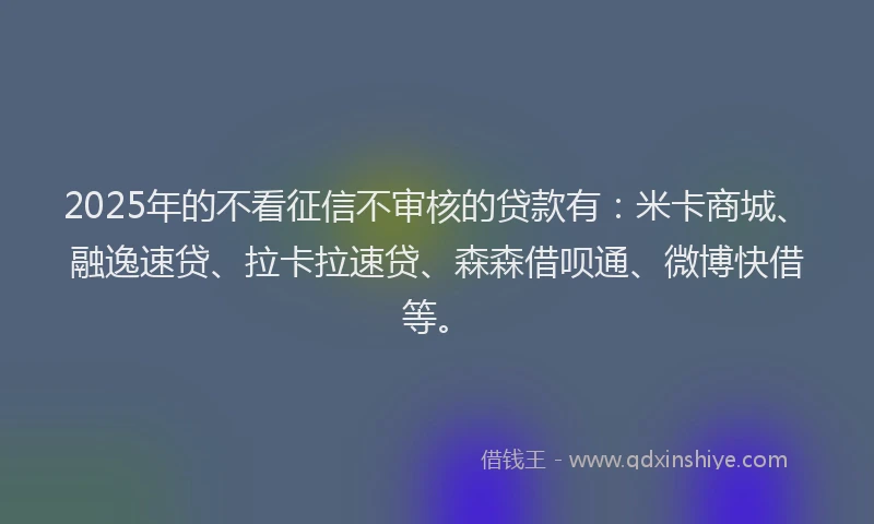 2025年的不看征信不审核的贷款有：米卡商城、融逸速贷、拉卡拉速贷、森森借呗通、微博快借等。