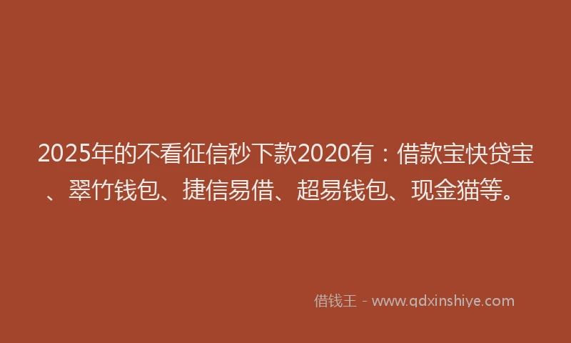 2025年的不看征信秒下款2020有：借款宝快贷宝、翠竹钱包、捷信易借、超易钱包、现金猫等。