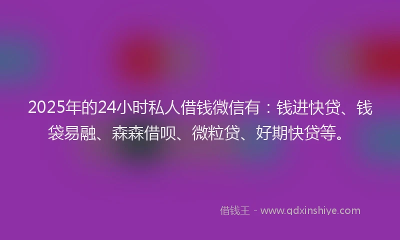 2025年的24小时私人借钱微信有：钱进快贷、钱袋易融、森森借呗、微粒贷、好期快贷等。