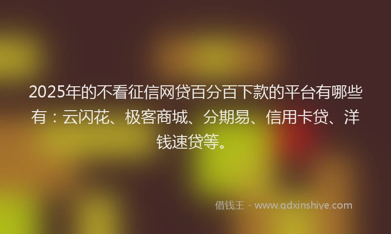 2025年的不看征信网贷百分百下款的平台有哪些有：云闪花、极客商城、分期易、信用卡贷、洋钱速贷等。