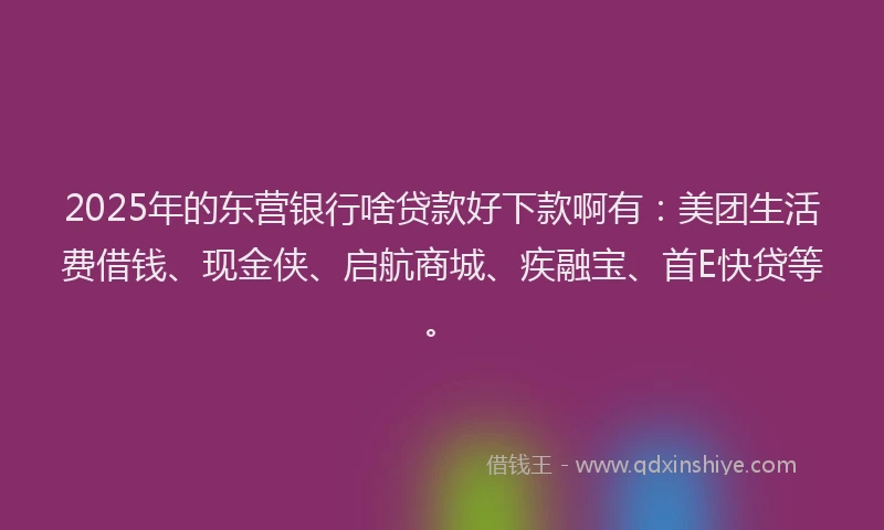 2025年的东营银行啥贷款好下款啊有：美团生活费借钱、现金侠、启航商城、疾融宝、首E快贷等。