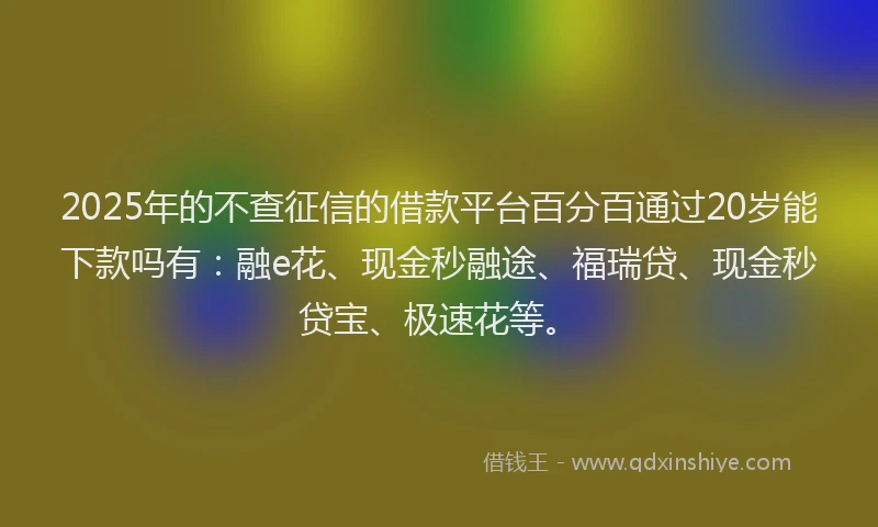 2025年的不查征信的借款平台百分百通过20岁能下款吗有：融e花、现金秒融途、福瑞贷、现金秒贷宝、极速花等。