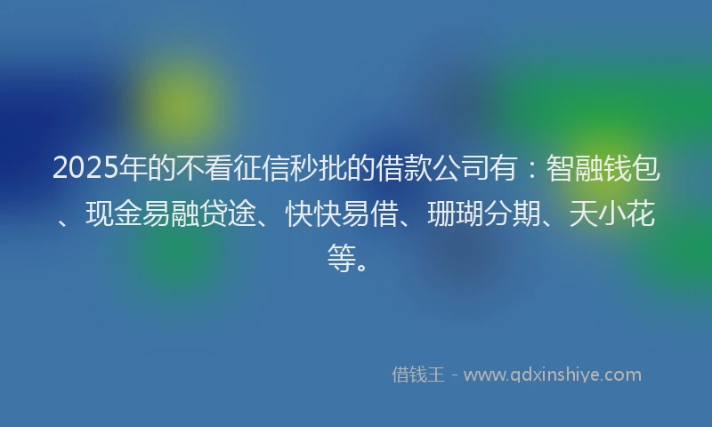 2025年的不看征信秒批的借款公司有：智融钱包、现金易融贷途、快快易借、珊瑚分期、天小花等。