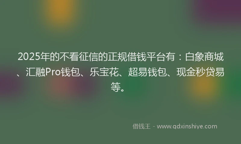 2025年的不看征信的正规借钱平台有：白象商城、汇融Pro钱包、乐宝花、超易钱包、现金秒贷易等。